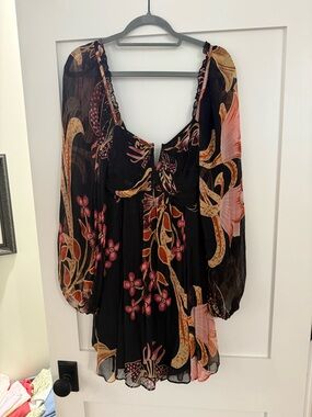 Anthropologie Black Floral Mini Dress with Pink and Gold Accents